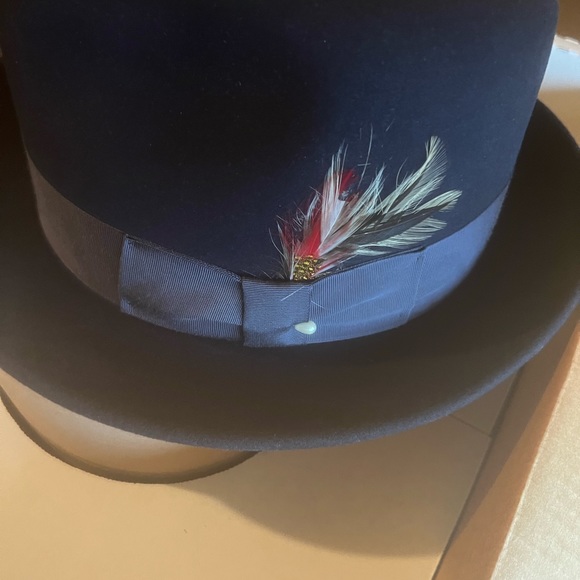 BLACK FRIDAY SALE-Men’s Blue Wool dress hat with satin ribbon and feather - Picture 9 of 9